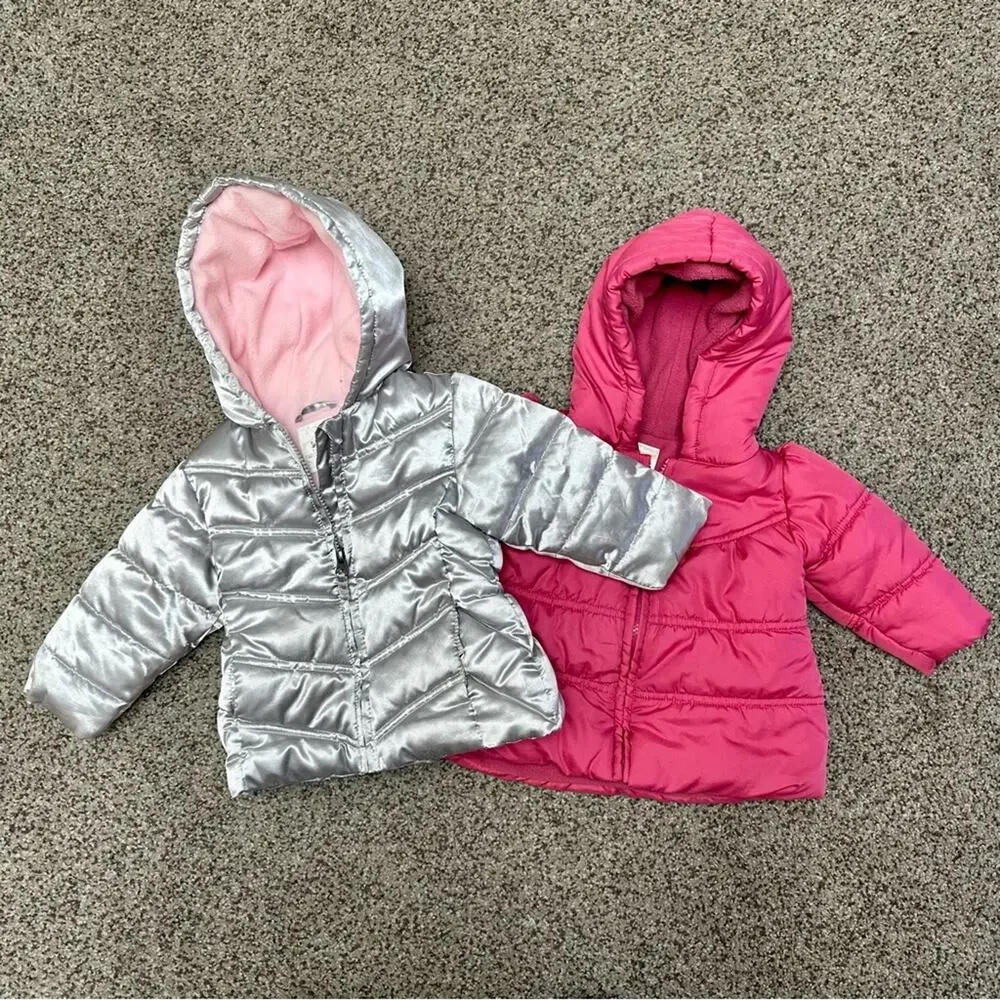 Gymboree + HealthTex Toddler Puffer Jackets Bundle | 9–12M | Pink & Silver